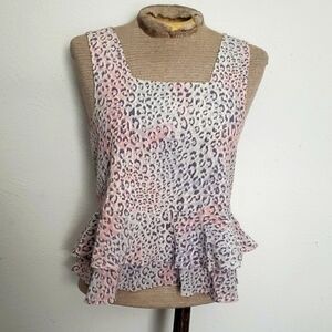 REBECCA TAYLOR 100% SILK Leopard Print Ruffle Top - Pink and Gray SZ 2-4